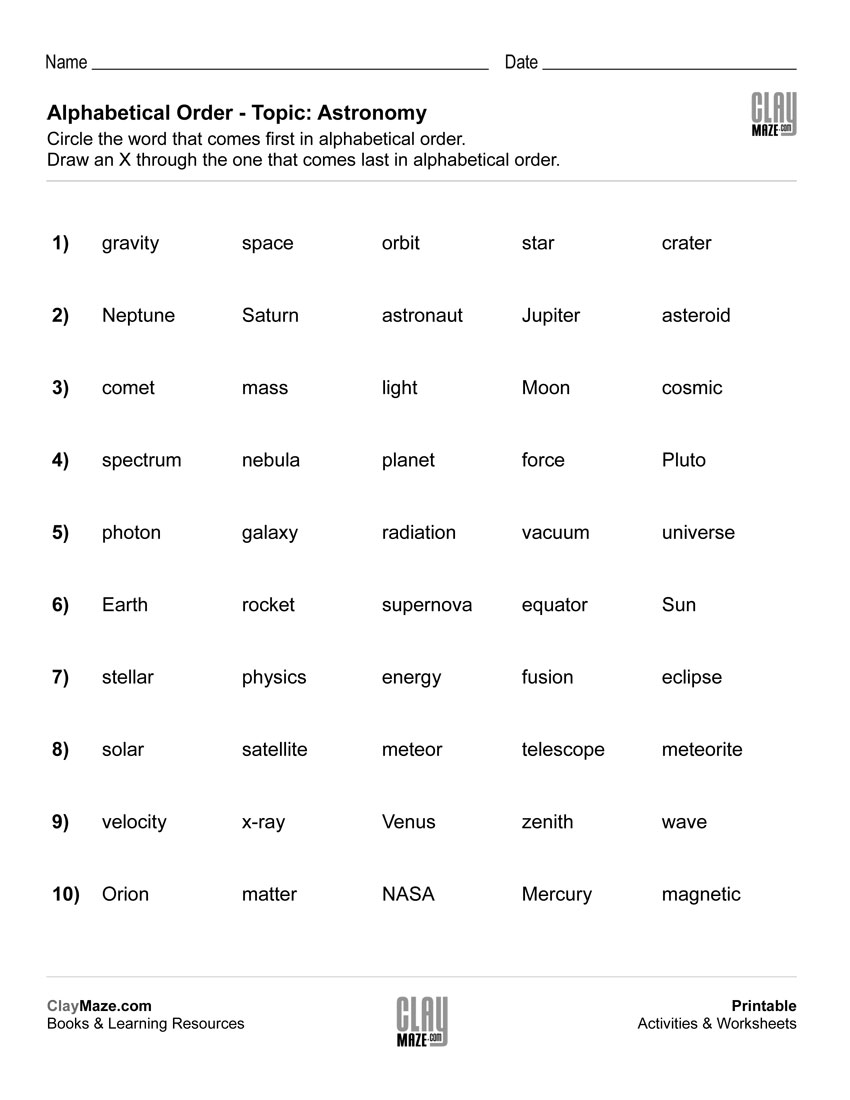 Alphabetical Order â First And Last â Topic  Astronomy